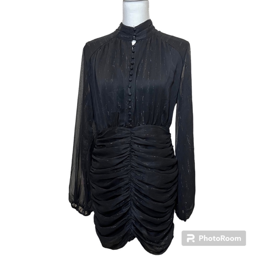 House of Harlow 1960 Black with Sparkle Thread Ruched Long Sleeve Dress